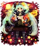  ahoge aqua_hair bad_id bad_pixiv_id dress halloween hatsune_miku long_hair mukimuki_mayuge purple_eyes solo striped striped_legwear thighhighs twintails very_long_hair vocaloid wand 