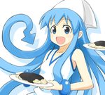  black_spaghetti blue_eyes blue_hair bracelet food hat ikamusume jewelry long_hair pasta plate shinryaku!_ikamusume solo spaghetti squid_ink tentacle_hair tentacles toshiya 