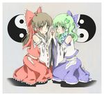  bad_id bad_pixiv_id blush bow detached_sleeves hair_bow hakurei_reimu kochiya_sanae midriff multiple_girls ninamo sarashi symmetrical_hand_pose touhou yin_yang 