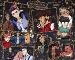  1girl 6+boys abs absurdres archie_pendragon big_bad_wolf_(fairytale_police_hoe_department) black_hair blue_hair blue_jacket braces briar_rose_(fairytale_police_hoe_department) brown_coat brown_eyes brown_hair chase_van_redfor_(fairytale_police_hoe_department) checkered_clothes checkered_jacket chest_hair closed_eyes coat copyright_logo crown danyal_baron ear_piercing elijah_antaios emanuel_van_redfor english_text fairytale_police_hoe_department floral_background frederic_van_redfor gepetto_ardalos glasses gloves grey_hair grin headphones headphones_around_neck highres idoraad jacket looking_at_viewer looking_up mature_male multiple_boys official_art one_eye_closed open_clothes open_jacket open_mouth orange_hair pectoral_cleavage pectorals picture_frame piercing pink_hair pinocchio_ardalos poll purple_gloves purple_hair red_jacket red_riding_hood_(fairytale_police_hoe_department) richard_niaste rico_greyson salute satou_kotarou_(fairytale_police_hoe_department) smile teeth tim_greyson uncle_and_nephew undercut 