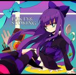  amesawa_mokke aqua_eyes bad_id bad_pixiv_id bow dress gothic_lolita hair_bow lolita_fashion long_hair panty_&amp;_stocking_with_garterbelt purple_hair solo stocking_(psg) striped striped_legwear thighhighs 