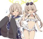  1girl absurdres bikini blue_archive cardigan eyewear_on_head frilled_bikini frills halo hifumi_(blue_archive) hifumi_(swimsuit)_(blue_archive) highres knees_together_feet_apart knees_up light_brown_hair low_twintails off-shoulder_bikini off_shoulder official_alternate_costume ohana._(user_jhpk8322) one_eye_closed panties pantyhose pantyshot ribbon-trimmed_bikini ribbon-trimmed_swimsuit ribbon_trim round_eyewear side-tie_bikini_bottom sitting solo sunglasses swimsuit tan twintails underwear v white_bikini white_cardigan wing_hair_ornament winged_halo yellow_halo 