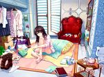 bad_id bad_pixiv_id bag barefoot bedroom boots brown_eyes brown_hair cat indoors legs long_hair mame_chidori original pillow sitting sleeves_pushed_up solo 