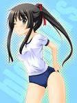  adjusting_buruma adjusting_clothes akiyama_mio black_eyes black_hair buruma gym_uniform k-on! lipstick long_hair makeup masakichi_(crossroad) one_eye_closed ponytail solo 