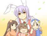  :p animal_ears apron bad_id bad_pixiv_id blush bunny_ears carrot clover clover_hair_ornament four-leaf_clover four-leaf_clover_hair_ornament hair_ornament houraisan_kaguya inaba_tewi koyama_shigeru multiple_girls reisen_udongein_inaba smile tongue tongue_out touhou yagokoro_eirin younger 