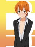  blush breasts brown_eyes business_suit face formal hair_ornament ikari_manatsu inami_mahiru no_bra open_clothes open_shirt orange_hair shirt short_hair small_breasts solo suit sweat unbuttoned working!! 