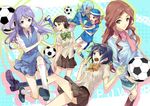  ball blue_eyes blue_hair boots half_updo inazuma_eleven inazuma_eleven_(series) izumi_(nagashi) kicking kino_aki kudou_fuyuka legs multiple_girls otonashi_haruna pink_hair purple_hair raimon_natsumi scarf school_uniform shoes sneakers soccer_ball soccer_uniform socks sportswear telstar urabe_rika zaizen_touko 