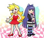  blonde_hair blue_hair dress fujiko_f_fujio_(style) long_hair multicolored_hair multiple_girls panty_&amp;_stocking_with_garterbelt panty_(psg) parody red_dress stocking_(psg) striped striped_legwear style_parody thighhighs two-tone_hair ueyama_michirou 