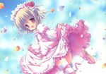  :d absurdres blonde_hair copyright_request cross-laced_footwear flower highres lolita_fashion morinaga_korune open_mouth petals red_eyes shoes smile solo thighhighs white_legwear 