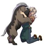  1boy animal animal_hug apron arven_(pokemon) blue_pants brown_footwear character_request closed_eyes full_body grey_hair highres idoraad kneeling long_sleeves male_focus medium_hair multicolored_hair open_mouth pants pokemon pokemon_sv simple_background smile teeth tongue transparent_background two-tone_hair 