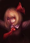  blonde_hair crazy_eyes fangs hair_ribbon kannazuki_(devilcode666) necktie outstretched_arms red_eyes red_neckwear ribbon rumia short_hair slit_pupils solo spread_arms touhou 