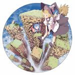  anger_vein angry blonde_hair blue_hair broom broom_riding brown_eyes circle cloud earth flying from_above hat hinanawi_tenshi kirisame_marisa long_hair middle_finger mieharu multiple_girls sky touhou tower witch_hat 