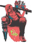  amputee capsule dorohedoro eyepatch looking_back monochrome nikaidou_(dorohedoro) over_shoulder red simple_background sitting solo white_background 