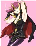 :p armpits artist_request breasts cape cleavage covered_nipples fingerless_gloves gloves gundam gundam_zz haman_karn large_breasts purple_eyes red_hair short_hair solo tongue tongue_out translated uniform 