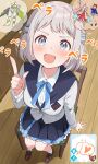  1girl blue_eyes blue_overskirt blue_ribbon blue_skirt blush commentary_request crouching_start gakuen_idolmaster gameplay_mechanics grey_hair hair_ribbon half_up_braid hatsuboshi_gakuen_school_uniform highres idolmaster imagining jacket katsuragi_lilja long_sleeves looking_at_viewer neck_ribbon pleated_skirt pov ribbon ribbon_braid school_uniform shirt short_hair sitting skirt smile solo thought_bubble white_jacket white_shirt wooden_floor 