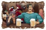  1girl 4boys alcohol antonio_satou aqua_sweater beard_stubble beer beer_mug black_hair blush brown_hair character_request closed_eyes coat cup drinking_straw drunk facial_hair fairytale_police_hoe_department goatee_stubble hat hat_feather highres holding holding_cup idoraad indoors long_hair long_sleeves mug multiple_boys muscular muscular_male open_mouth picture_frame pink_hair red_coat red_hat robin_hood_(fairytale_police_hoe_department) short_hair smile stubble sweater table teeth thick_eyebrows tim_greyson tongue undercut wooden_table wooden_wall 