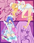  alternate_costume bad_id bad_pixiv_id blonde_hair blue_eyes blue_hair bow bridal_gauntlets frills hair_bow halo heart high_heels highres legs long_hair multiple_girls panties panties_around_one_leg panty_&amp;_stocking_with_garterbelt panty_(psg) roku_(hikokeng) shoes smile stocking_(psg) thighhighs underwear wings 