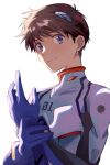  1boy absurdres arm_up blue_eyes blush bodysuit brown_hair closed_mouth from_side hand_on_own_wrist highres ikari_shinji interface_headset looking_at_viewer male_focus neon_genesis_evangelion pilot_suit plugsuit short_hair simple_background smile solo tousok upper_body white_background white_bodysuit 