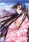  absurdres black_hair cloud floating_hair hand_on_own_chest highres hill hime_cut japanese_clothes kawata_hisashi kimono leaf_(studio) long_hair nature non-web_source official_art petals profile routes sakuya_(routes) scan scan_artifacts sleeves_past_wrists solo traditional_media watercolor_(medium) 