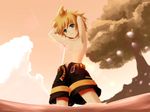  armpits arms_up bad_id bad_pixiv_id blonde_hair blue_eyes highres hirobakar kagamine_len male_focus open_fly outdoors shirtless solo unzipped vocaloid wading water 