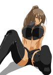  boots breasts brown_eyes brown_hair huge_breasts jacket ksaiki large_breasts midriff ponytail solo tight 