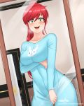  1boy 1girl black_hair blush breasts cslucaris eyebrows green_eyes lie_ren long_hair mirror onesie open_mouth ponytail pyrrha_nikos red_hair rwby saliva shirt standing teeth tied_hair tongue 