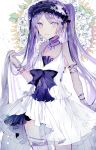  1girl armlet bangs choker closed_mouth dress euryale eyebrows_visible_through_hair fate/grand_order fate_(series) flower frilled_hairband frills hairband headdress highres jewelry leaf legs lolita_fashion lolita_hairband long_hair looking_at_viewer poni_(rito) purple_eyes purple_hair sleeveless sleeveless_dress smile solo thighlet thighs twintails very_long_hair white_dress 