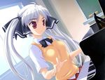  1girl game_cg highres indoors instrument piano red_eyes school_uniform solo twintails white_hair 