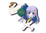  blue_eyes blush bottomless food fruit hair_accessory hair_ornament highres lamune nanami_konoe no_pants purple_hair school_uniform seifuku shoes watermelon 