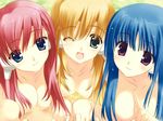  3girls amazuyu_tatsuki artist_request blonde_hair blue_eyes blue_hair blush breasts erect_nipples female game_cg green_eyes himeyuri_ruri himeyuri_sango ilfa kawata_hisashi large_breasts long_hair mitsumi_misato multiple_girls nakamura_takeshi nipples pink_hair purple_eyes smile source_request to_heart_2 to_heart_2_xrated wink 