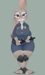  2019 3_toes 4_fingers anthro baton belt big_breasts bluedrg19 blush breasts cleavage clothed clothing crossed_legs disney eyelashes eyeshadow female front_view fur grey_fur half-closed_eyes holding_object holding_weapon judy_hopps knee_pads lagomorph long_ears looking_at_viewer makeup mammal melee_weapon police_uniform purple_eyes rabbit short_stack shorts solo standing thick_thighs toes uniform weapon wide_hips zootopia 