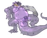  2019 anthro balls black_hair canid canine canis colored_cum cum erection goo_creature goo_transformation hair humanoid_penis hyenaface male mammal monte_(worgenrouge) muscular muscular_male overweight overweight_male penis purple_cum sharp_teeth simple_background teeth transformation unusual_cum white_background wolf 