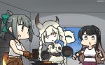  3girls abyssal_nimbus_hime anvil black_hair bow braid brown_eyes commentary_request cowboy_shot dated frying_pan furnace gloves grey_hair hair_bow hammer hamu_koutarou highres horns jumpsuit jumpsuit_around_waist kantai_collection long_hair long_sleeves multicolored_hair multiple_girls naganami_(kantai_collection) orange_jumpsuit pink_hair ponytail shinkaisei-kan sidelocks sweat twin_braids twintails two-tone_hair undershirt wavy_hair white_hair yuubari_(kantai_collection) 