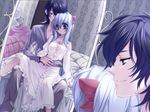  1girl black_hair blue_eyes blue_hair dress game_cg long_hair mirror non-web_source reflection short_hair sitting sitting_on_lap sitting_on_person toujou_sakana under_the_moon 