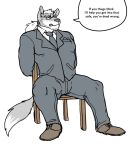  2019 anthro bound canid canine chair clothed clothing english_text eyewear facial_hair footwear fully_clothed glasses hands_behind_back hyenaface male mammal mature_male necktie pants ponytail shoes simple_background sitting solo speech_bubble suit text white_background 