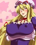  blonde_hair blush breasts erect_nipples female hat highres large_breasts purple_eyes ribbon touhou yakumo_yukari yume_no_tanuki 