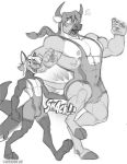  2019 5_fingers anthro biceps blush bovid bovine bulge cattle cloven_hooves duo embarrassed greyscale hair hooves kihu larger_male male mammal marine monochrome muscular muscular_male nipples open_mouth pecs ponytail simple_background size_difference smaller_male spanking surprise walking white_background wrestling_singlet 