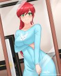  1boy 1girl black_hair blush breasts cslucaris eyebrows green_eyes lie_ren long_hair mirror onesie ponytail pyrrha_nikos red_hair rwby shirt smile standing sweat tied_hair 