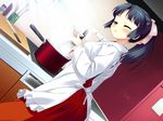  1girl apron black_hair cooking game_cg indoors solo 