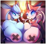  &lt;3 anthro areola big_breasts blush breast_squish breasts breasts_frottage clothed clothing duo eeveelution female glaceon huge_breasts lifting_breasts looking_at_viewer mammal nintendo nipple_outline nipple_tape nipples one_eye_closed partially_clothed pasties pok&eacute;mon pok&eacute;mon_(species) presenting presenting_breasts r-mk seductive smile sylveon tape undressing video_games white_pupils wink 
