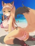  beach big_breasts breasts brown_hair canid canine clothing dipstick_tail female fox fur hair kemono kneeling looking_at_viewer mammal multicolored_tail nukochi open_mouth orange_fur sea seaside smile solo swimsuit united_states_of_america v_sign water yellow_eyes 