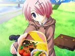  1girl akane-iro_ni_somaru_saka food game_cg grass hair_over_one_eye outdoors pink_hair shiraishi_nagomi short_hair solo 