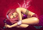  1girl aqua_eyes bed_sheet dorotea_gizzi female fishnets fisnet haruno_sakura headband highres looking_at_viewer midriff naruto pink_hair sheets shueisha solo stregatto10 tan 