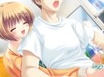  1boy 1girl brown_hair censored cum ejaculation female game_cg handjob hetero male open_mouth penis reach-around reach_around shirt smile straight t-shirt 