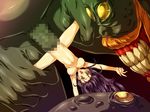  1girl breasts censored demon huge_insertion insertion large_breasts large_insertion leg_grab monster nipples nude object_insertion purple_hair rape size_difference spread_legs stomach_bulge tamiya_akito torn_clothes upside-down yellow_eyes zanjibaru 