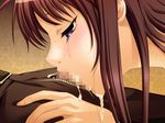  1boy 1girl blowjob brown_hair censored cum cum_in_mouth deepthroat fellatio game_cg oral penis tears 