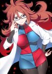  1girl adjusting_glasses ahoge android_21 blue_eyes breasts brown_hair dragon_ball dress female glasses highres kippuru lab_coat large_breasts long_hair looking_at_viewer pantyhose parted_lips smile solo standing 