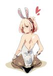  1girl absurdres animal_ears bare_back blonde_hair fishnet_pantyhose fishnets hair_ribbon highres looking_at_viewer looking_back lycoris_recoil misskiwi nishikigi_chisato pantyhose playboy_bunny rabbit_ears rabbit_tail red_eyes red_ribbon ribbon short_hair solo tail wrist_cuffs 