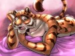  2022 anthro bed butt digital_drawing_(artwork) digital_media_(artwork) felid feline fruitz furniture half-closed_eyes inviting looking_at_viewer lying male mammal muscular muscular_anthro muscular_male narrowed_eyes nude on_bed on_front open_mouth pantherine seductive signature simple_background solo striped_body stripes tiger tired whiskers 