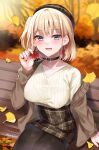  1girl arm_up autumn autumn_leaves bench black_choker black_pantyhose blonde_hair blue_eyes blush bob_cut breasts brown_coat brown_headwear brown_skirt choker coat commentary_request earrings highres hololive hololive_english jewelry large_breasts leaf_earrings lemon_t looking_at_viewer miniskirt nail_polish off_shoulder open_mouth pantyhose park_bench plaid plaid_headwear plaid_skirt shirt short_hair sitting skirt smile solo striped striped_shirt thighs v-neck virtual_youtuber watson_amelia white_shirt 